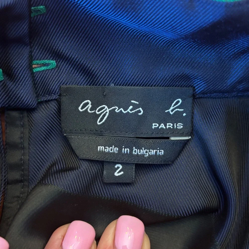 Agnes B Paris | Size 2 | Green Navy Blue Striped | Mock Neck Blouse Boxy Top - Picture 2 of 11